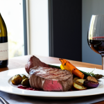 **A beautifully set dinner table with grilled steak, roasted vegetables, and a bottle of full-bodied Cabernet Sauvignon in the background. Focus on the rich colors of the food and wine.**