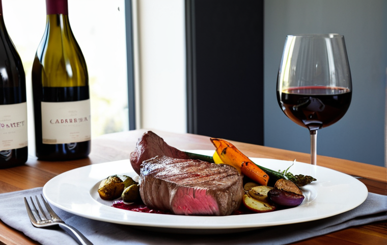 **A beautifully set dinner table with grilled steak, roasted vegetables, and a bottle of full-bodied Cabernet Sauvignon in the background. Focus on the rich colors of the food and wine.**