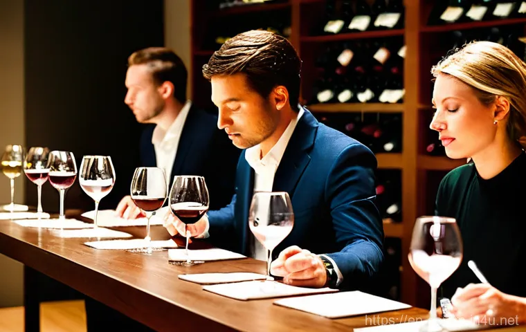 소믈리에 실무 연수 프로그램 후기 - **Image Prompt: The Art of Blind Tasting**
    A highly detailed, realistic photograph capturing a f...