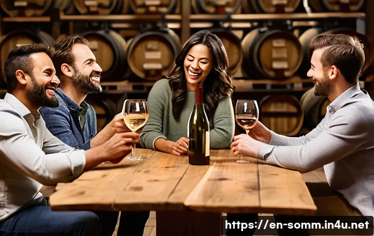 와인 테이스팅 그룹 활동 사례 - **Prompt:** A diverse group of friends, aged 30-50, respectfully dressed in smart casual attire, are...