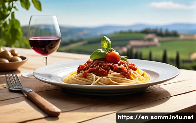 와인 페어링 메뉴 구성 팁 - A beautifully set rustic Italian dining table featuring a classic Chianti Classico wine bottle and g...