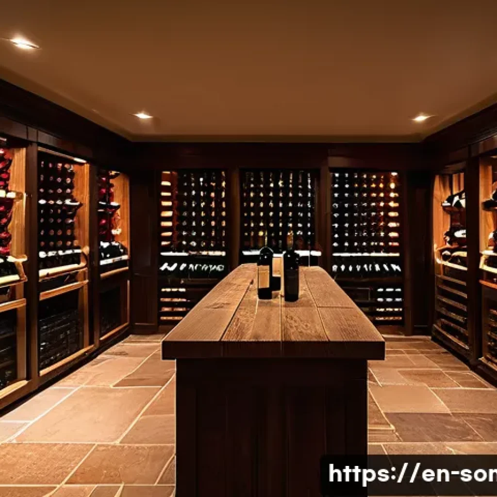 와인 저장 방법과 온도 관리 - A cozy, dimly lit wine cellar with rows of wooden racks holding various wine bottles stored horizont...