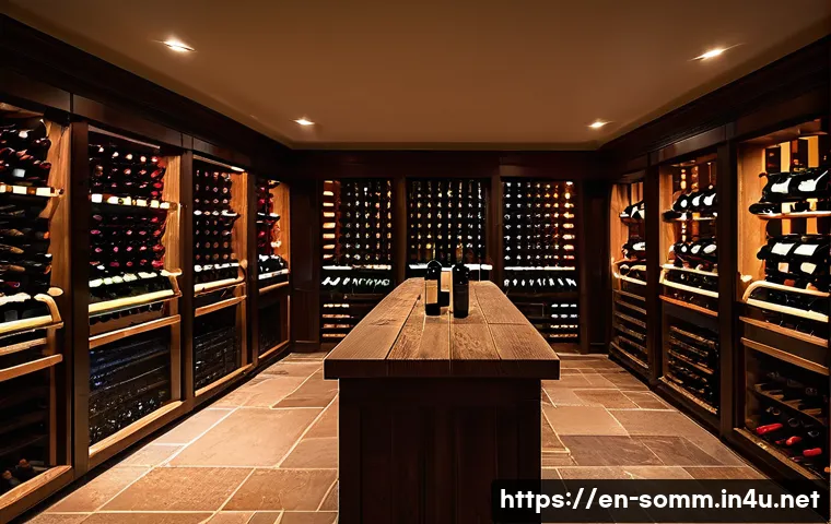 와인 저장 방법과 온도 관리 - A cozy, dimly lit wine cellar with rows of wooden racks holding various wine bottles stored horizont...
