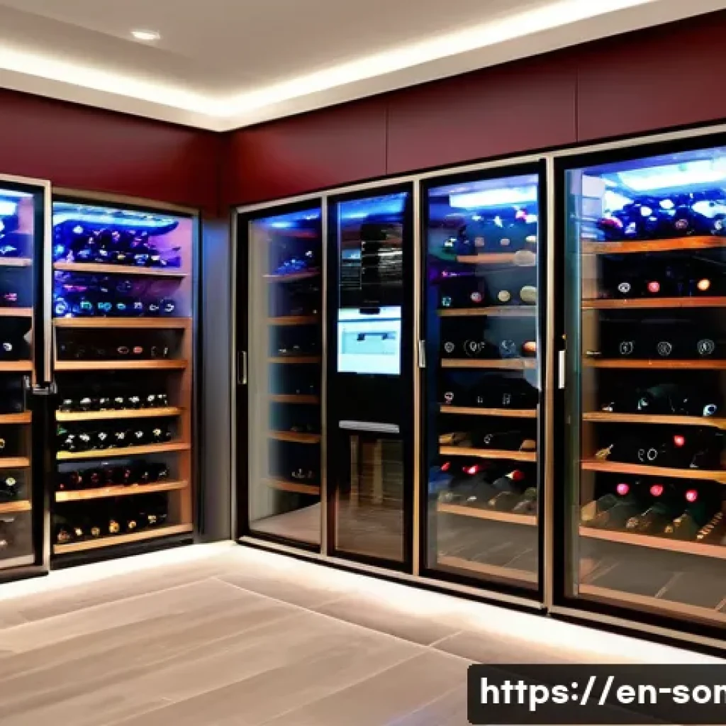 와인 보관 중 흔히 발생하는 문제 - A sophisticated modern wine cellar interior showcasing a dedicated wine cooler with dual temperature...