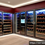 와인 보관 중 흔히 발생하는 문제 - A sophisticated modern wine cellar interior showcasing a dedicated wine cooler with dual temperature...