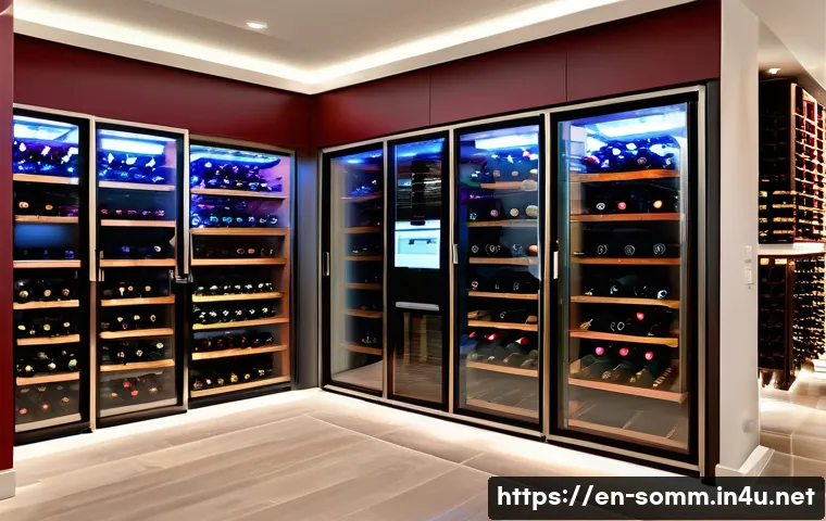 와인 보관 중 흔히 발생하는 문제 - A sophisticated modern wine cellar interior showcasing a dedicated wine cooler with dual temperature...