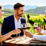 소믈리에가 사용하는 와인 용어집 - A sophisticated wine tasting scene featuring a diverse group of adults in elegant casual attire, sea...