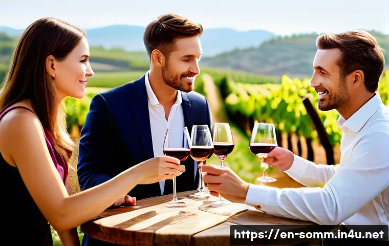 소믈리에가 사용하는 와인 용어집 - A sophisticated wine tasting scene featuring a diverse group of adults in elegant casual attire, sea...