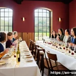 와인 시음 그룹 활동 팁 - A cozy, well-lit wine tasting room featuring a group of diverse adults gathered around tasting stati...