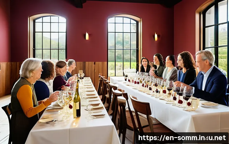 와인 시음 그룹 활동 팁 - A cozy, well-lit wine tasting room featuring a group of diverse adults gathered around tasting stati...
