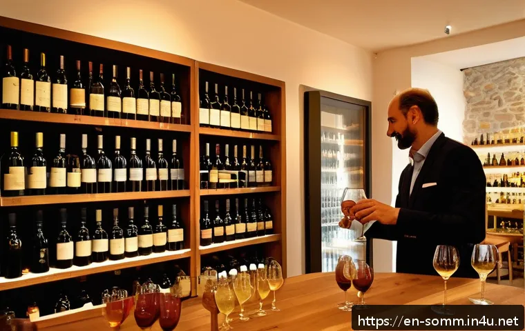소믈리에가 추천하는 예산별 와인 - A cozy, warmly lit wine tasting scene inside a rustic local wine shop, featuring a diverse selection...