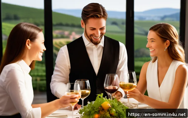 소믈리에로 일하며 겪은 에피소드 - A sophisticated restaurant scene featuring a professional sommelier in a tailored black vest and whi...