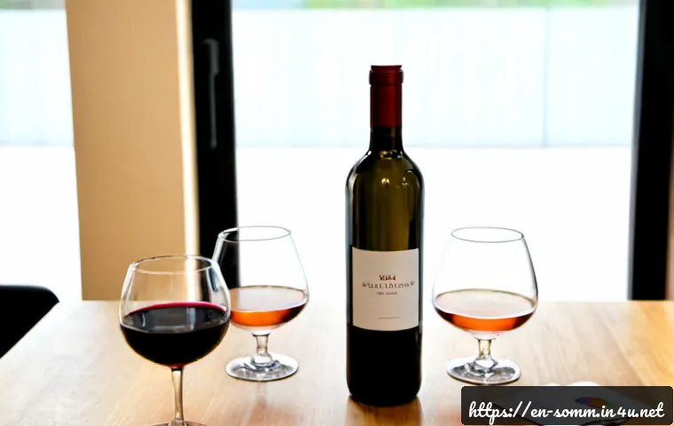 소믈리에 실습용 와인 선택 팁 - Photorealistic wine training setup on a clean wooden tasting table, three unbranded wine bottles wit...
