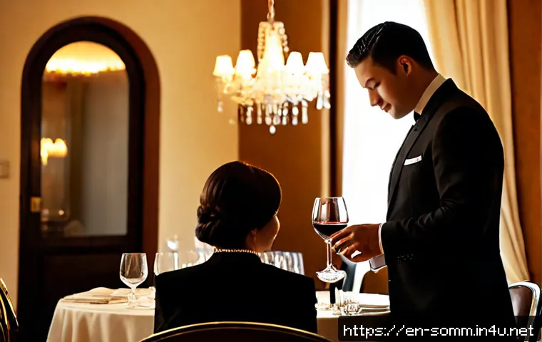 와인 산업에서의 소믈리에 역할 - Photorealistic upscale restaurant wine service, an experienced sommelier in a crisp dark suit presen...