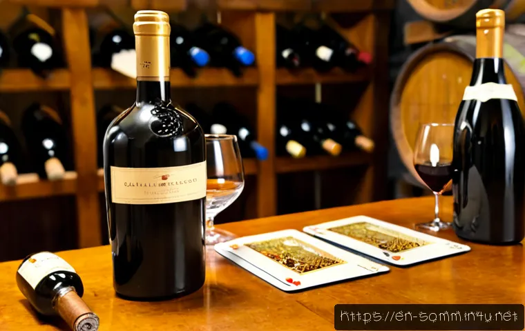 소믈리에가 알아야 할 와인 빈티지 - Photorealistic sommelier’s tasting table in an elegant European wine cellar, three unlabeled wine bo...