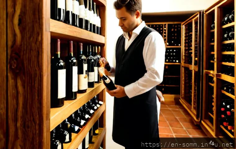 소믈리에 일과 공개 - Photorealistic early morning in an elegant independent restaurant wine cellar, professional sommelie...